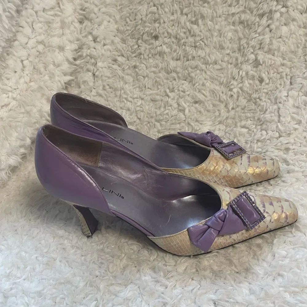 VTG Bellini leather Purple & beige ,gold marble croc print slip on Heels SZ11M